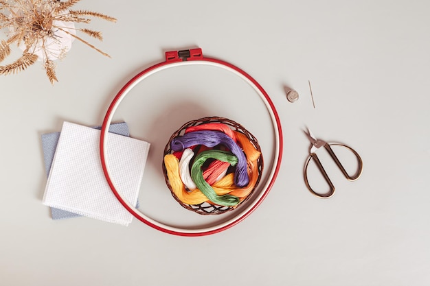 Zestaw do haftu: tamborek, nici, igły